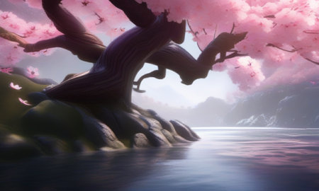 Cherry blossom sakura landscape background, 3D illustration.の素材