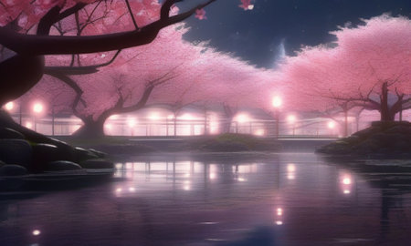 Cherry blossoms in full bloom in the park at night.の素材