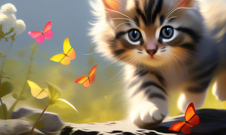 Cute kitten with butterflies on the nature background. 3d renderingの素材