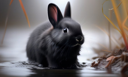 Black rabbit in the water on a gray background. Close-up.の素材