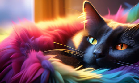 Portrait of a black cat lying on a colorful feather pillow.の素材