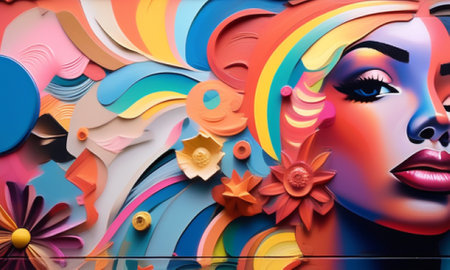 Colorful abstract background with beautiful female face, close-up.の素材