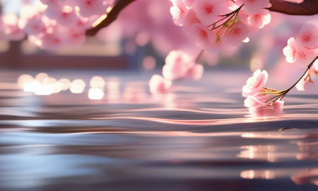 cherry blossom sakura flower in spring time with water reflectionの素材