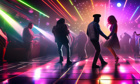 Silhouettes of people dancing in the night club with colored lightsの素材