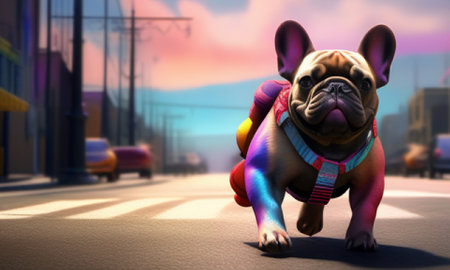 french bulldog on the street at sunset - 3d renderの素材