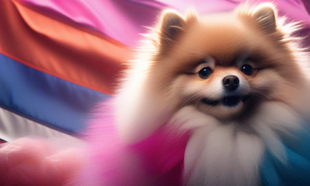Pomeranian spitz dog on a background of multicolored flagsの素材