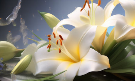 White lilies on the background of water splashes and leaves.の素材