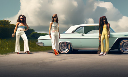3d illustration of two beautiful girls on the road with classic carの素材