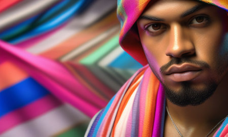 Portrait of a young Indian man in a colorful scarf. Close-up.の素材