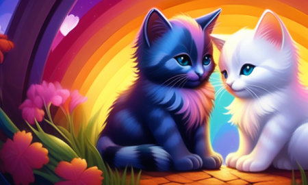 Two cats sitting in the garden on a background of a rainbow.の素材
