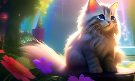 Siberian cat sits on a chair in the room with flowersの素材