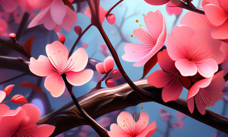 3d illustration of cherry blossom tree branch with pink flowers.の素材