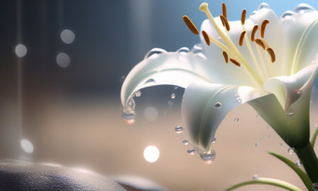 Beautiful white lily flower with drops of water on the skinの素材