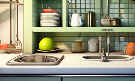 Kitchen interior with utensils and fruits. 3d renderingの素材