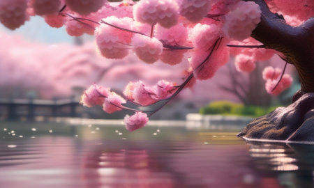 pink cherry blossom tree with reflection in the water, soft focusの素材