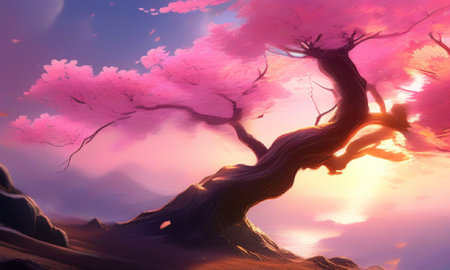 Tree in the desert at sunset. 3D rendering. Computer digital drawing.の素材
