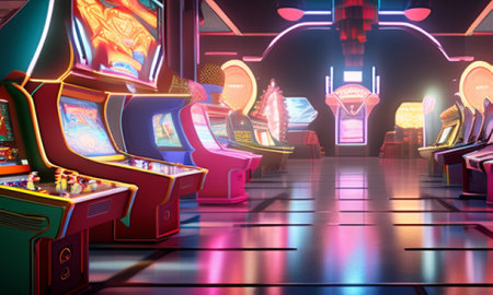 3D rendering of a slot machine in a gaming area with neon lightsの素材