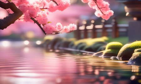 cherry blossom in japanese garden with reflection on waterの素材