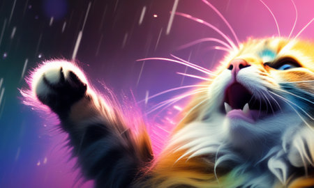 Funny cat with rain. Colorful background. 3D renderingの素材