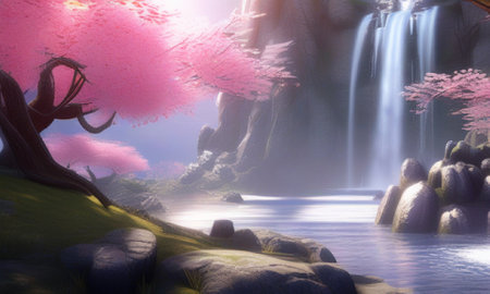 Cherry blossom and waterfall in the jungle. 3d renderingの素材