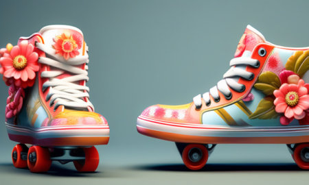 Pair of vintage roller skates on grey background, closeupの素材