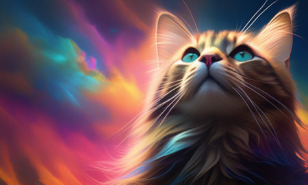Funny cat with blue eyes on colorful background. 3D renderingの素材