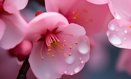 cherry blossom in spring with water drops on pink background.の素材