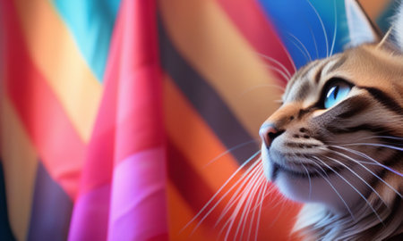 Close-up portrait of beautiful tabby cat on colorful background.の素材