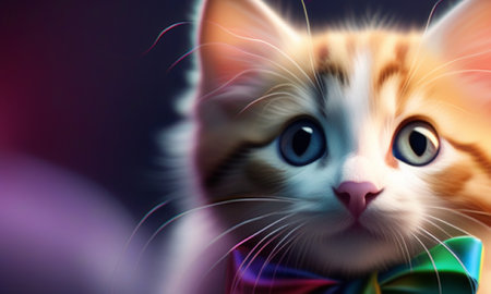 Cute kitten with bow tie on dark background. Close-up.の素材
