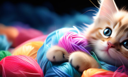 Cute little kitten playing with colorful yarn on black background, closeupの素材