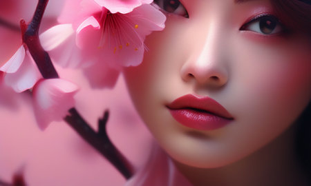 Beautiful asian woman with cherry blossom sakura flower.の素材