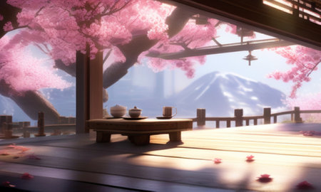 Cherry blossoms and tea set on wooden table in a cafeの素材