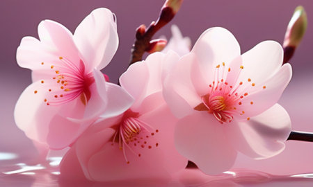 cherry blossom sakura flower on pink background with water dropsの素材