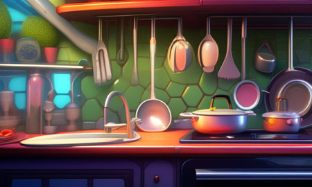 Kitchen interior with utensils. 3d render illustration.の素材