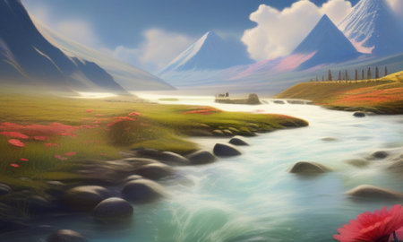 Mountain landscape with red poppies and blue sky. Digital painting.の素材