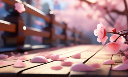 Cherry blossoms and sakura flowers on wooden table, closeupの素材