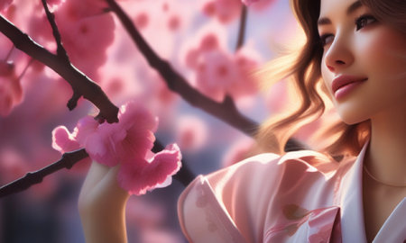 Beautiful asian woman with sakura blossom in spring timeの素材
