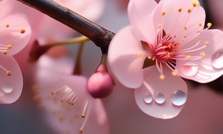 Beautiful pink cherry blossom with water drops on petals closeupの素材
