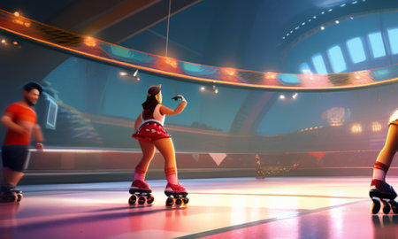 Roller skating in the skate park at night. 3d renderingの素材