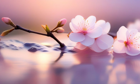 cherry blossom sakura in soft focus and blur style on water surfaceの素材
