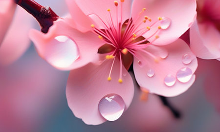 Beautiful pink peach blossom with water drops, close-upの素材