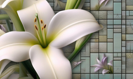 White lily flower on a tile background. 3d illustration.の素材