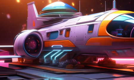 3D rendering of space ship in digital art style with colorful backgroundの素材