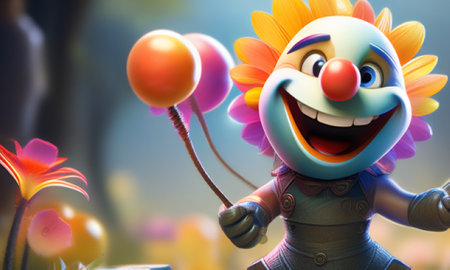 3d illustration of a clown with balloons and flowers in the backgroundの素材