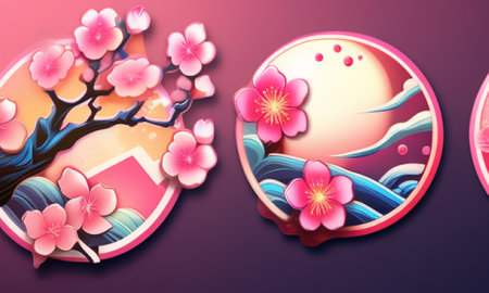 Paper art cherry blossom and sunset background for Chinese New Year.の素材