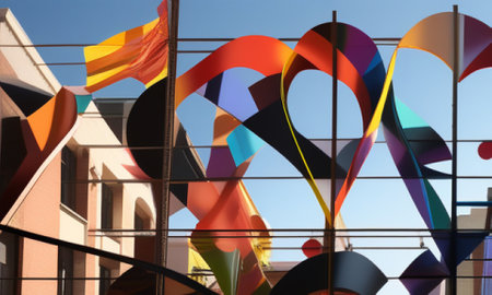Multicolored ribbons on the background of a modern building.の素材