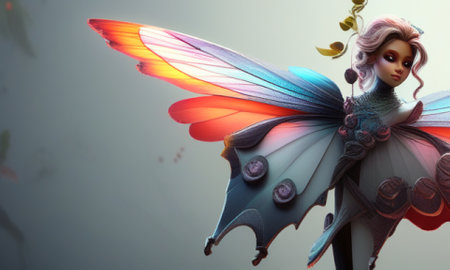Fantasy fairy tale doll with red wings. 3d illustration.の素材
