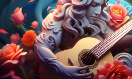guitar and flowers on a blue background. 3d illustrationの素材