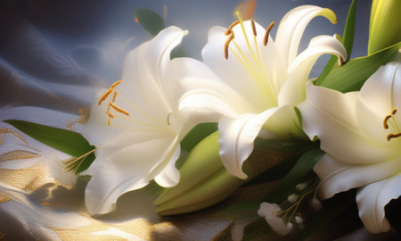 White lilies on a background of golden silk fabric. Close-up.の素材