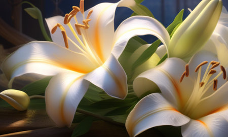 White lily flowers on a wooden background. Close-up.の素材